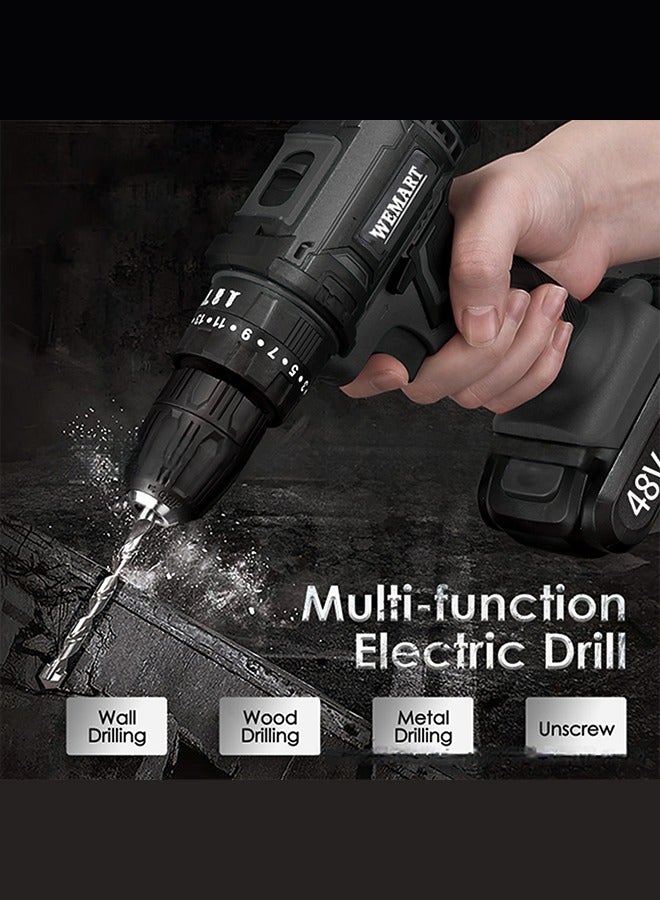 48V Variable Speed ​​Drive Drill, 25+3 Position Clutch, 186 lbs Max Torque, Two Li-Ion Batteries and Fast Charger, 3/8" Keyless Metal Chuck, LED Work Light, 24 Accessories + 32 Position Box, Black