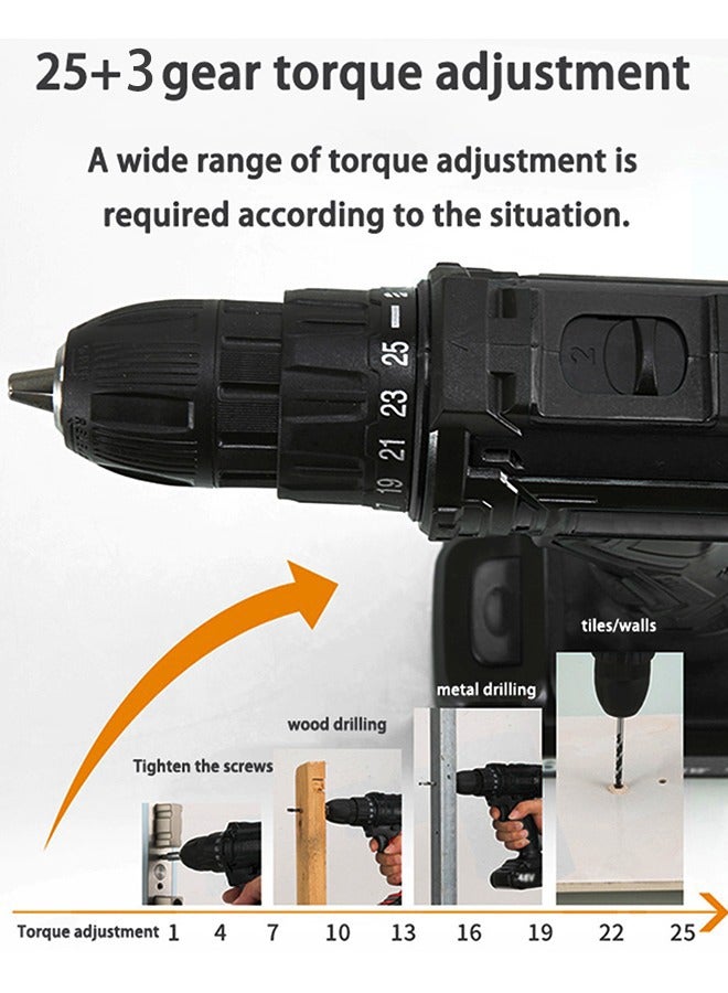 48V Variable Speed ​​Drive Drill, 25+3 Position Clutch, 186 lbs Max Torque, Two Li-Ion Batteries and Fast Charger, 3/8" Keyless Metal Chuck, LED Work Light, 24 Accessories + 32 Position Box, Black
