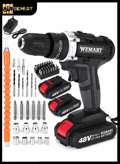 48V Variable Speed ​​Drive Drill, 25+3 Position Clutch, 186 lbs Max Torque, Two Li-Ion Batteries and Fast Charger, 3/8" Keyless Metal Chuck, LED Work Light, 24 Accessories + 32 Position Box, Black
