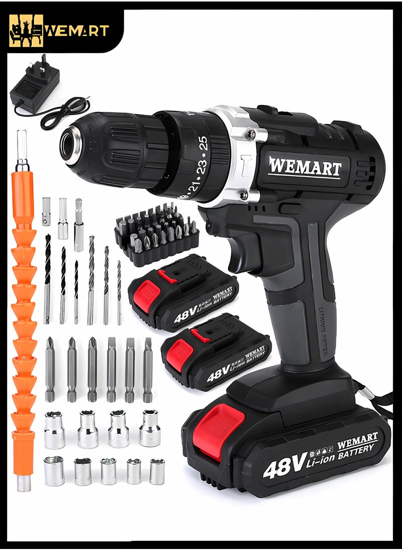 WEMART 48V Variable Speed ​​Drive Drill, 25+3 Position Clutch, 186 lbs Max Torque, Two Li-Ion Batteries and Fast Charger, 3/8" Keyless Metal Chuck, LED Work Light, 24 Accessories + 32 Position Box, Black  - Image 1