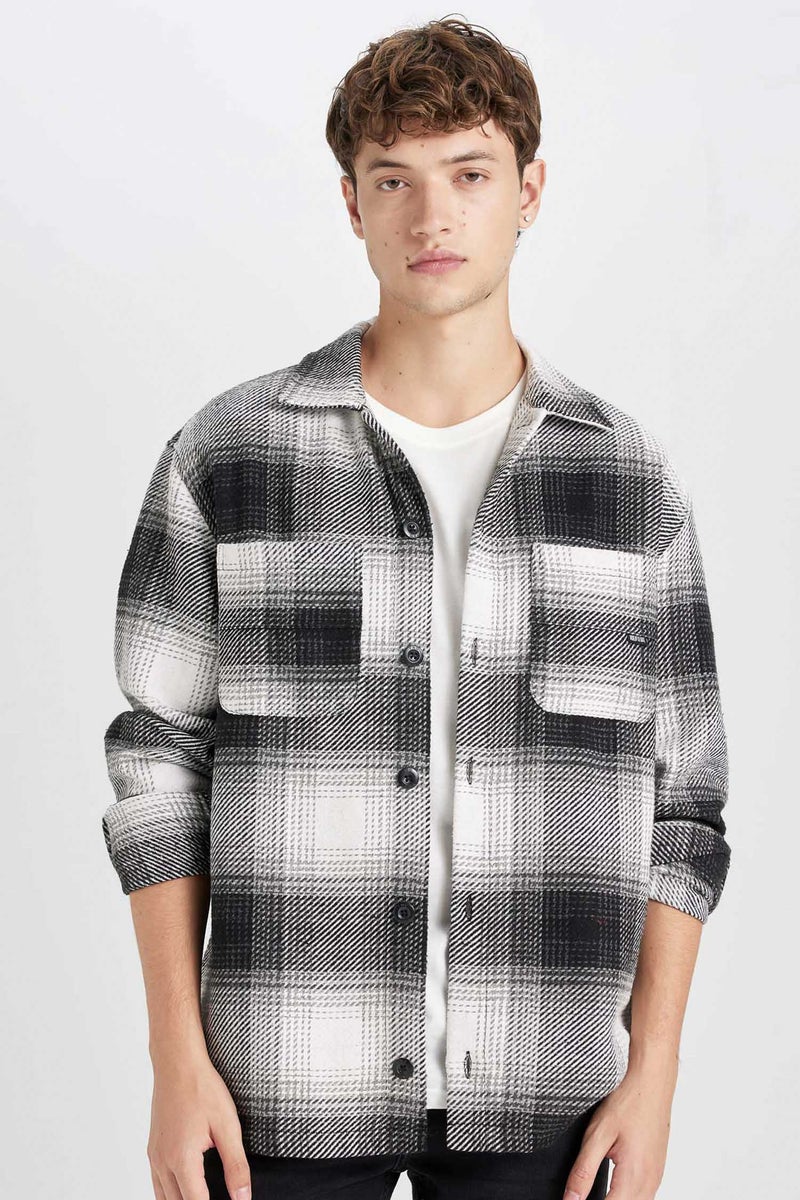 DeFacto Man Black Relax Fit Polo Collar Plaid Lumberjack Shirt Jacket  - Image 1