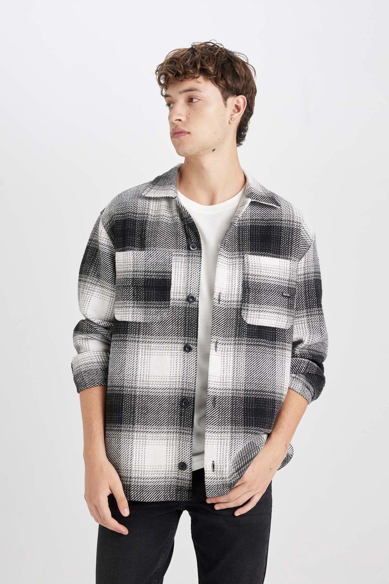 DeFacto Man Black Relax Fit Polo Collar Plaid Lumberjack Shirt Jacket  - Image 2