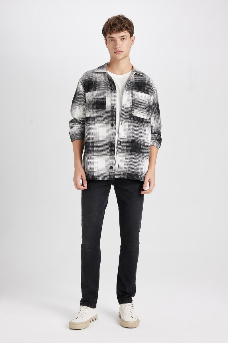 DeFacto Black Man Black Relax Fit Polo Collar Plaid Lumberjack Shirt Jacket Casual - Image 2