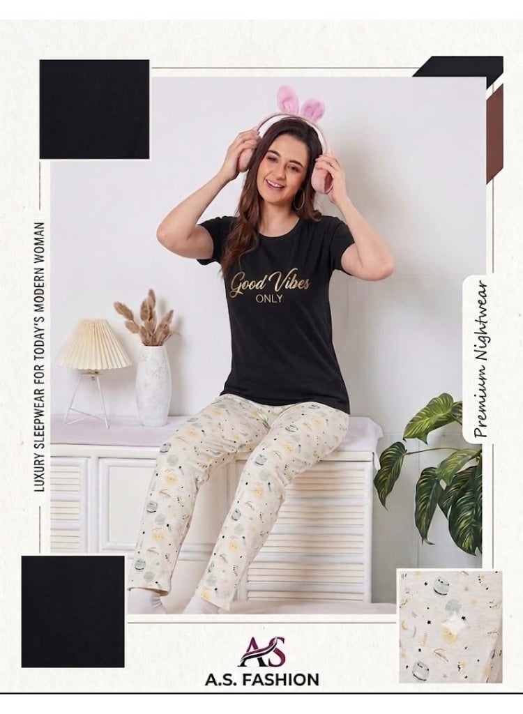 Women's Short Sleeve T-Shirt and Printed Pajama Pants Night Suit Set