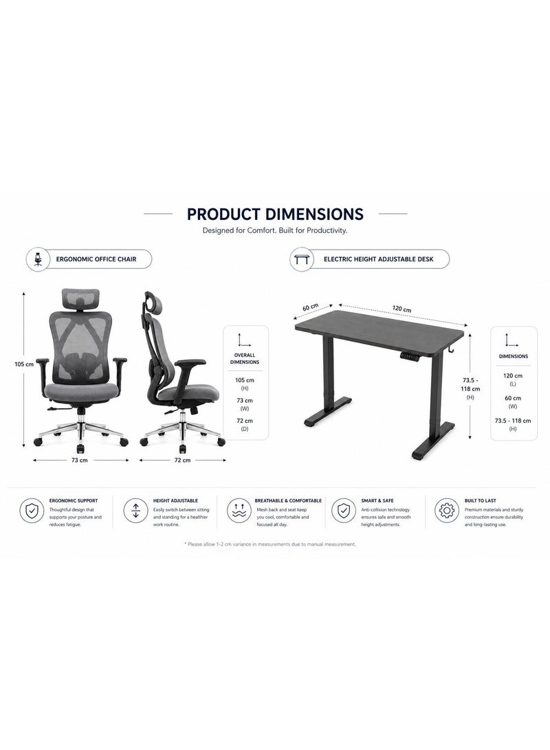 SIHOO Chair and Flexispot Desk Combo: FlexiSpot Electric Standing Desk 120 x 60 cm + SIHOO M57C Ergonomic Office Chair – Complete Height Adjustable Home Office Workstation Set, Black - Image 3