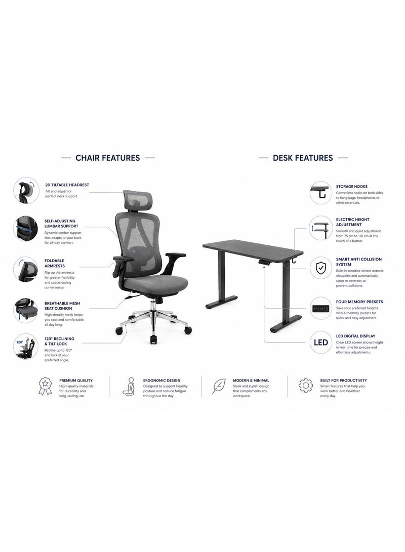 SIHOO Chair and Flexispot Desk Combo: FlexiSpot Electric Standing Desk 120 x 60 cm + SIHOO M57C Ergonomic Office Chair – Complete Height Adjustable Home Office Workstation Set, Black - Image 4
