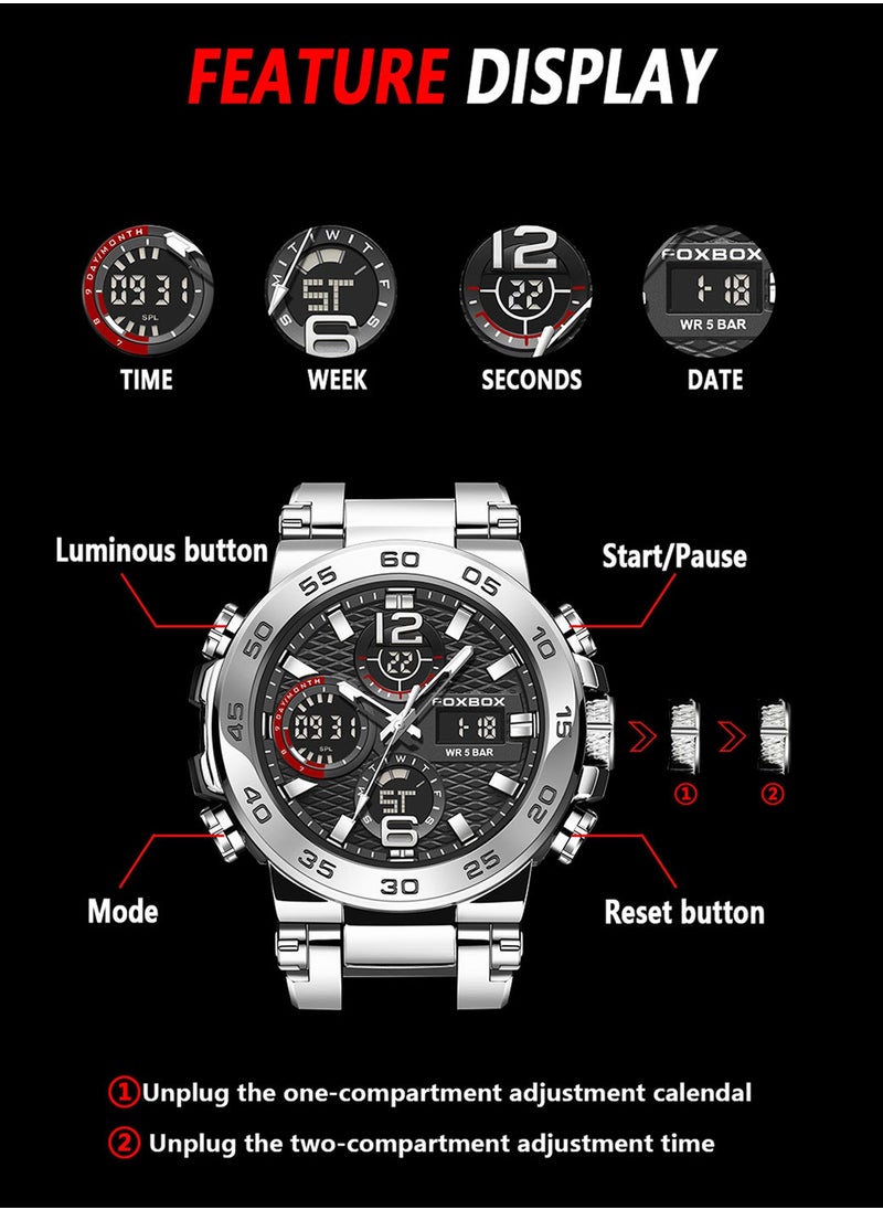 FOXBOX - Men's Luxury LCD Display Wristwatches Waterproof Sport Quartz Watches for Men Silver+Box - Image 1