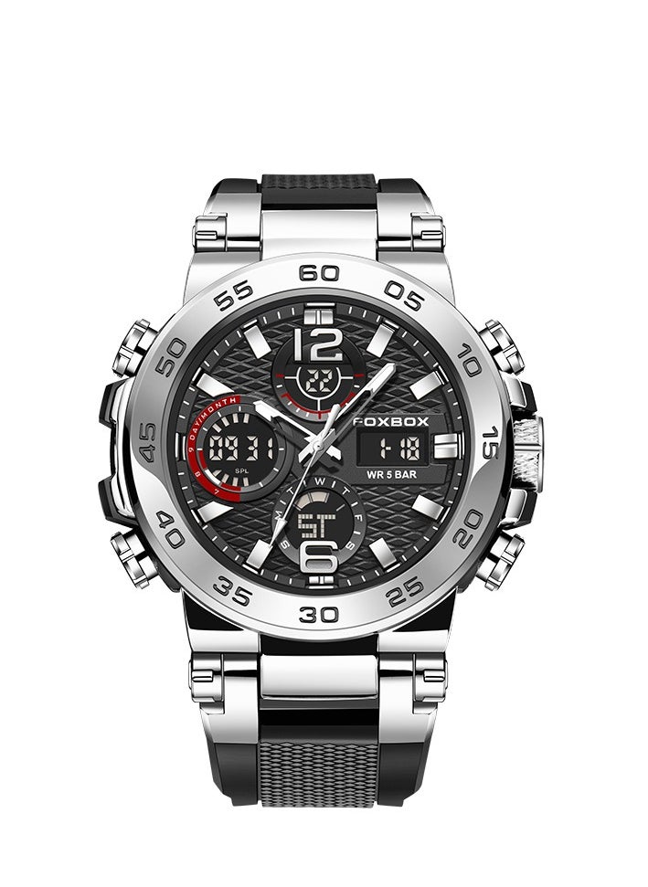 FOXBOX - Men's Luxury LCD Display Wristwatches Waterproof Sport Quartz Watches for Men Silver+Box - Image 1