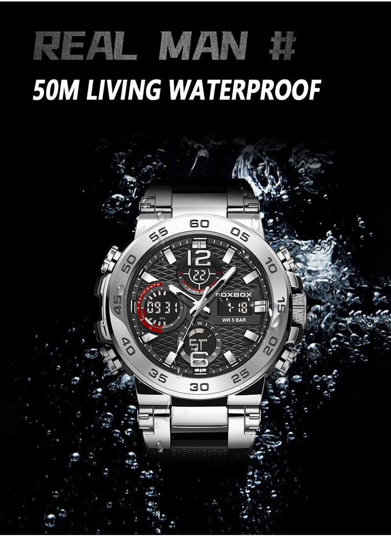 FOXBOX - Men's Luxury LCD Display Wristwatches Waterproof Sport Quartz Watches for Men Silver+Box - Image 1