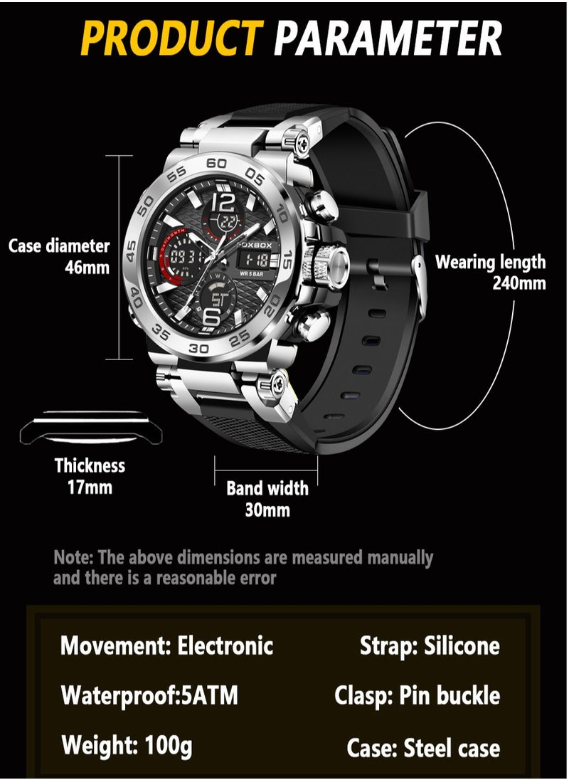 FOXBOX - Men's Luxury LCD Display Wristwatches Waterproof Sport Quartz Watches for Men Silver+Box - Image 1