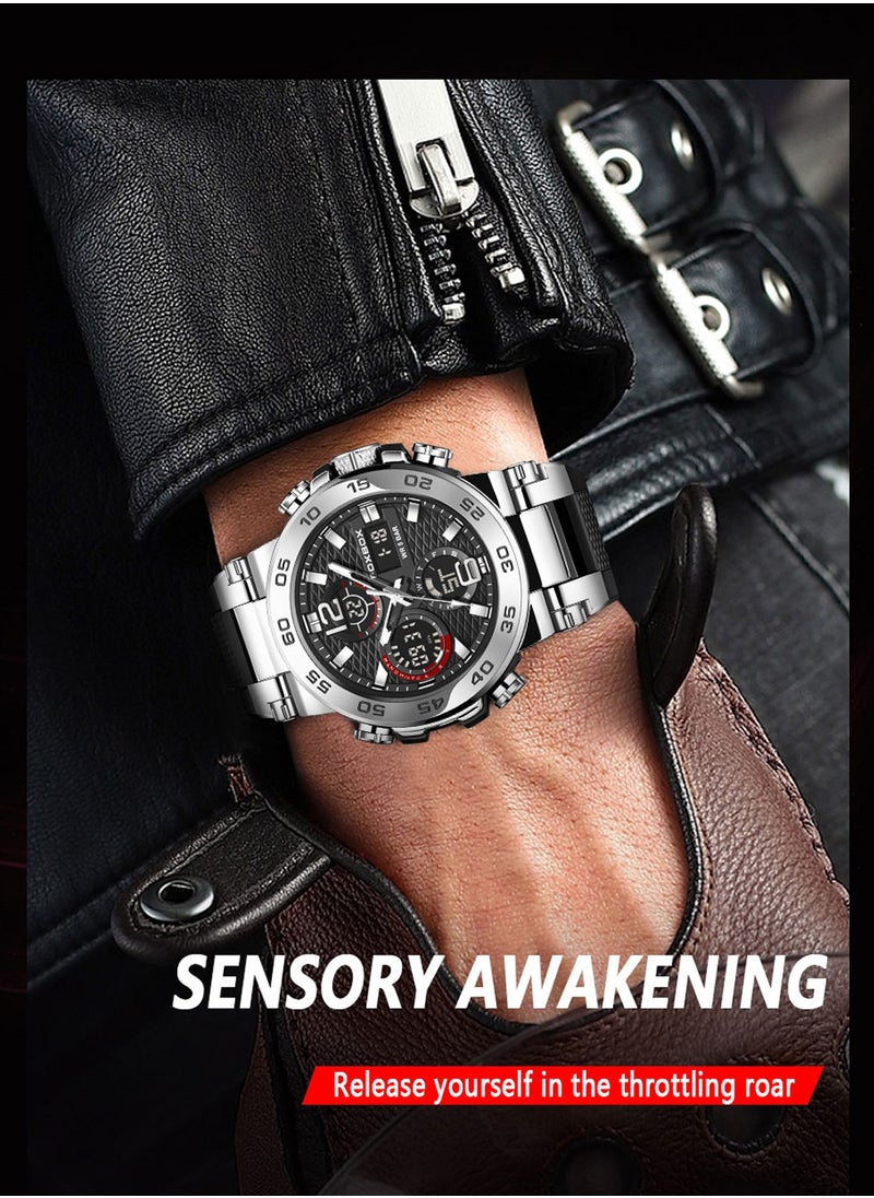 FOXBOX - Men's Luxury LCD Display Wristwatches Waterproof Sport Quartz Watches for Men Silver+Box - Image 1