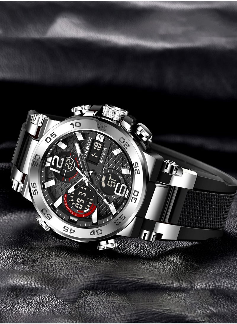 FOXBOX - Men's Luxury LCD Display Wristwatches Waterproof Sport Quartz Watches for Men Silver+Box - Image 1