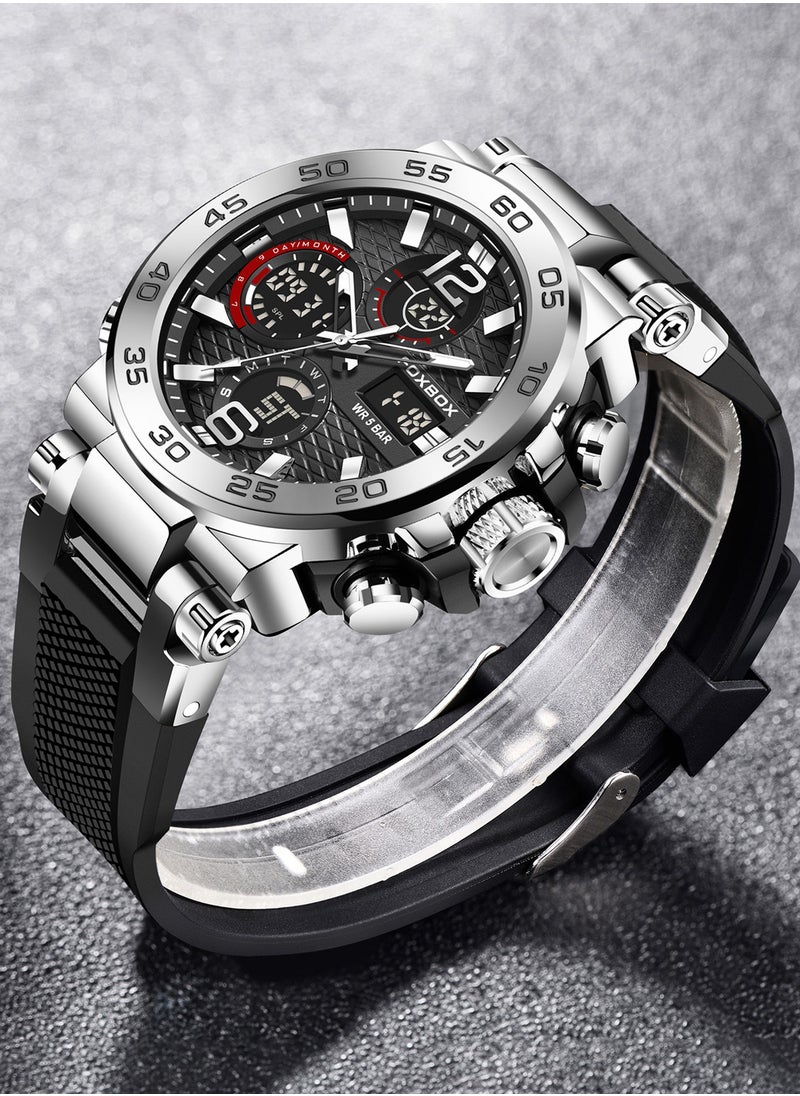 FOXBOX - Men's Luxury LCD Display Wristwatches Waterproof Sport Quartz Watches for Men Silver+Box - Image 1