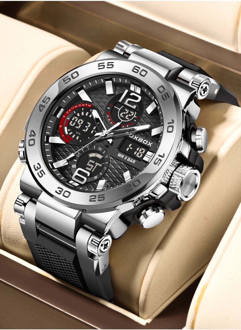 FOXBOX - Men's Luxury LCD Display Wristwatches Waterproof Sport Quartz Watches for Men Silver+Box - Image 1