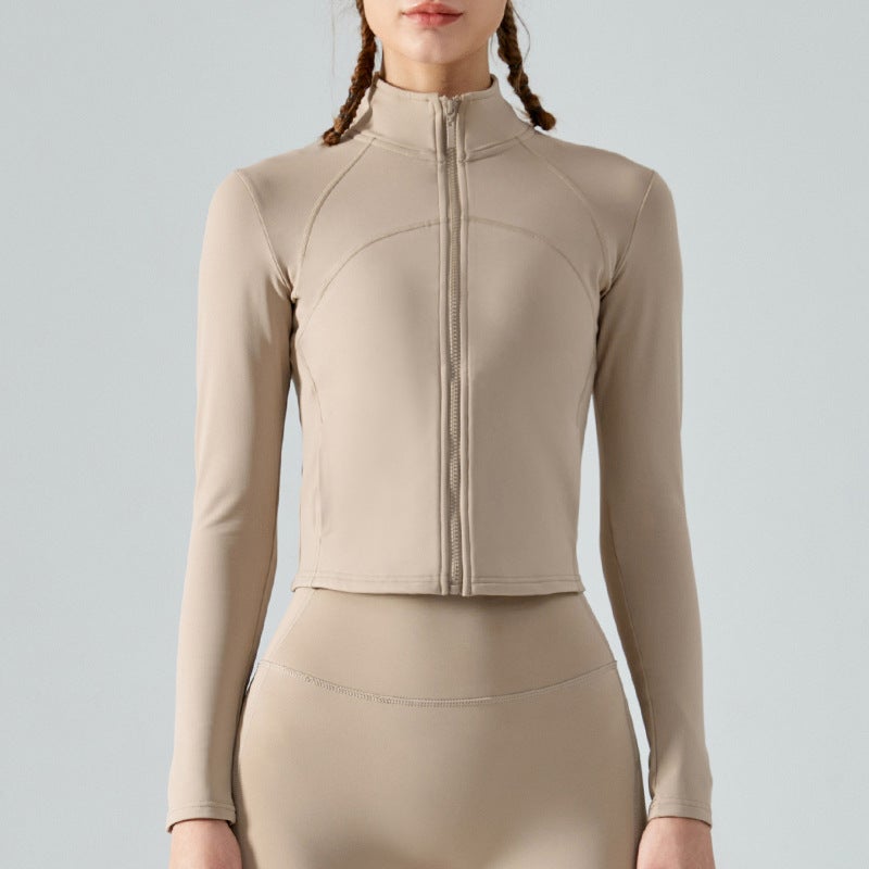 Generic Cross-Border Warm Fleece-Lined Yoga Wear Autumn and Winter Jacket Sports Zipper Top Womens Slimming Look Long-Sleeved Fitness Wear Khaki 