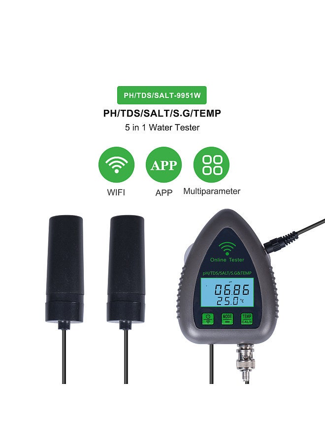 Lepmerk 9951W Bluetooth Wifi Digital Water Quality Tester Mini 5 in 1 Water Analyzer PH / TDS / SALT / S.G / Temperature APP Remote Monitoring Alarm Notification for Drinking Water Aquarium Hydroponics Lab  - Image 4
