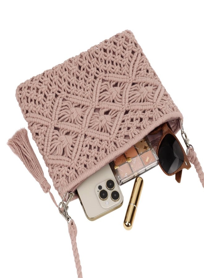 Youjaree Women Crochet Shoulder Bag Handmade Woven Beach Crossbody Handbag Satchel Purse with Tassel for Summer (A-Pink) - Image 5