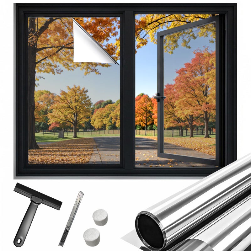 DUOFIRE One Way Window Film Privacy See Out Not in Heat Blocker Window Tint Reflective Mirror Windows Tinting Film for Home Static Cling Anti-UV Sun Blocking Windows Coveringï¼ˆSilver, 17.4x78.7inï¼‰ - Image 1