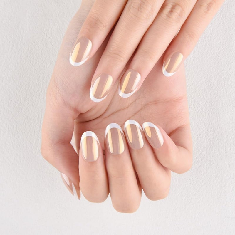 evpct French Tip Press On Nails Short Round Oval, Nude + Wihte Tips, Chrome Glazed Short Round Oval Fake False Press on Nails, Reusable Soft Gel Stick on nail Press ons with Nail Kit, Salon Quality - Image 2