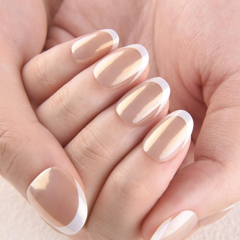 evpct French Tip Press On Nails Short Round Oval, Nude + Wihte Tips, Chrome Glazed Short Round Oval Fake False Press on Nails, Reusable Soft Gel Stick on nail Press ons with Nail Kit, Salon Quality - Image 3