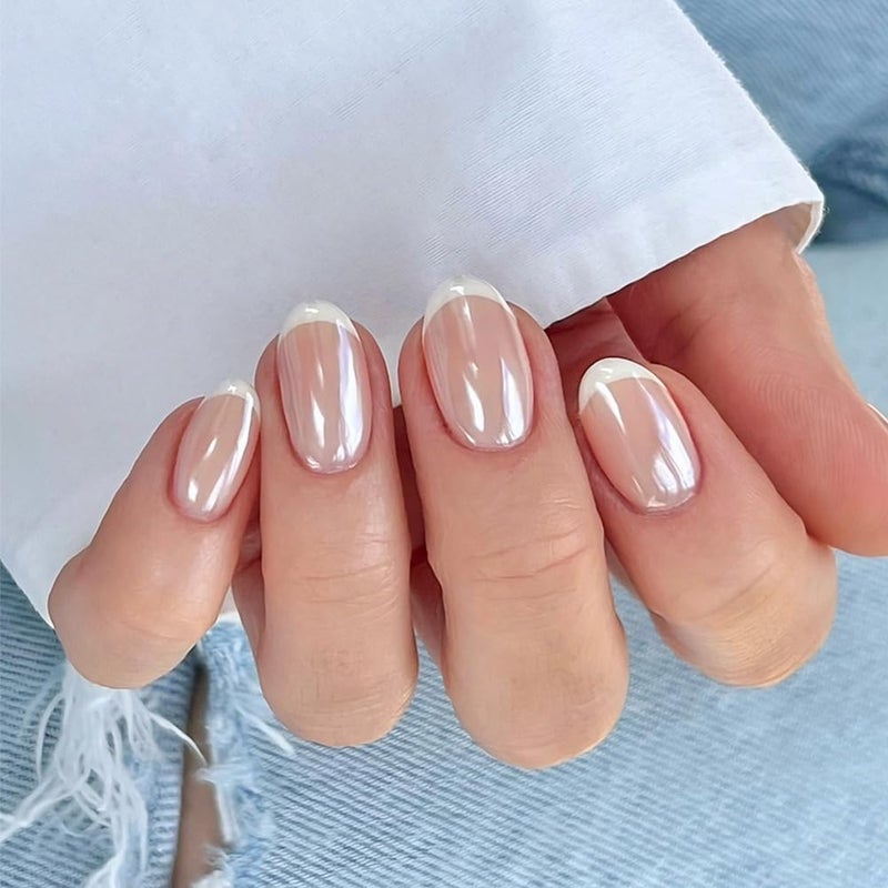 evpct French Tip Press On Nails Short Round Oval, Nude + Wihte Tips, Chrome Glazed Short Round Oval Fake False Press on Nails, Reusable Soft Gel Stick on nail Press ons with Nail Kit, Salon Quality - Image 1
