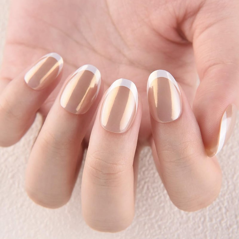 evpct French Tip Press On Nails Short Round Oval, Nude + Wihte Tips, Chrome Glazed Short Round Oval Fake False Press on Nails, Reusable Soft Gel Stick on nail Press ons with Nail Kit, Salon Quality - Image 4