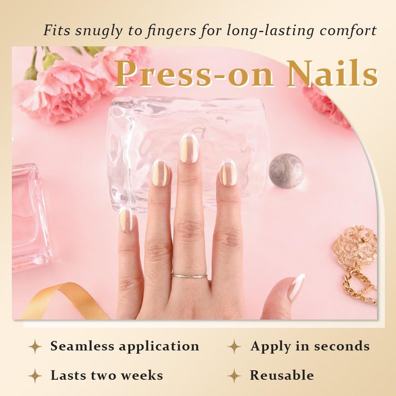 evpct French Tip Press On Nails Short Round Oval, Nude + Wihte Tips, Chrome Glazed Short Round Oval Fake False Press on Nails, Reusable Soft Gel Stick on nail Press ons with Nail Kit, Salon Quality - Image 5