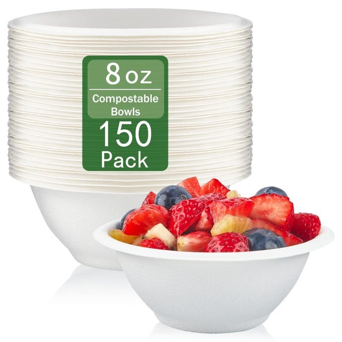 150 PACK 8 OZ PAPER BOWLS DISPOSABLE WHITE SMALL COMPOSTABLE SOUP BOWLS NATURAL BAGASSE SUGARCANE BIODEGRADABLE BOWLS FOR CEREALS ICE CREAM DESSERTS