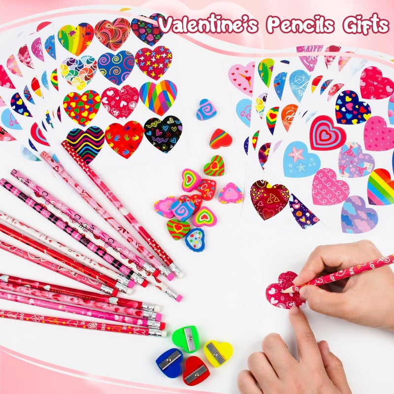Seqiuay Valentines Pencils Stationery Set for Kids, 12 Pencils, 12 Heart Erasers, 4 Color Pencil Sharpeners, and 192 Valentines Heart Stickers â€“ Valentine's Day Gift Exchange - Image 3