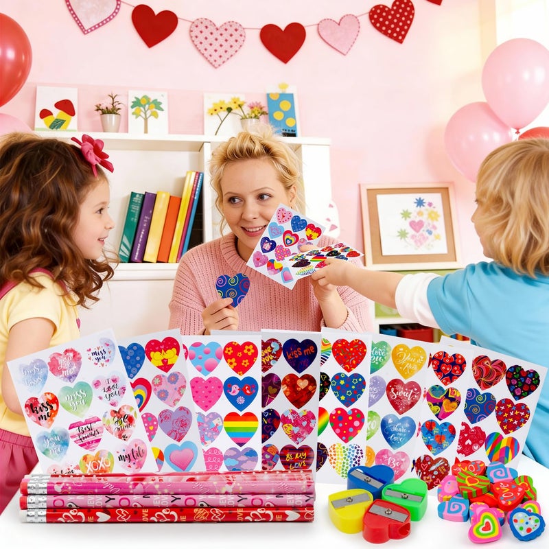 Seqiuay Valentines Pencils Stationery Set for Kids, 12 Pencils, 12 Heart Erasers, 4 Color Pencil Sharpeners, and 192 Valentines Heart Stickers â€“ Valentine's Day Gift Exchange - Image 4