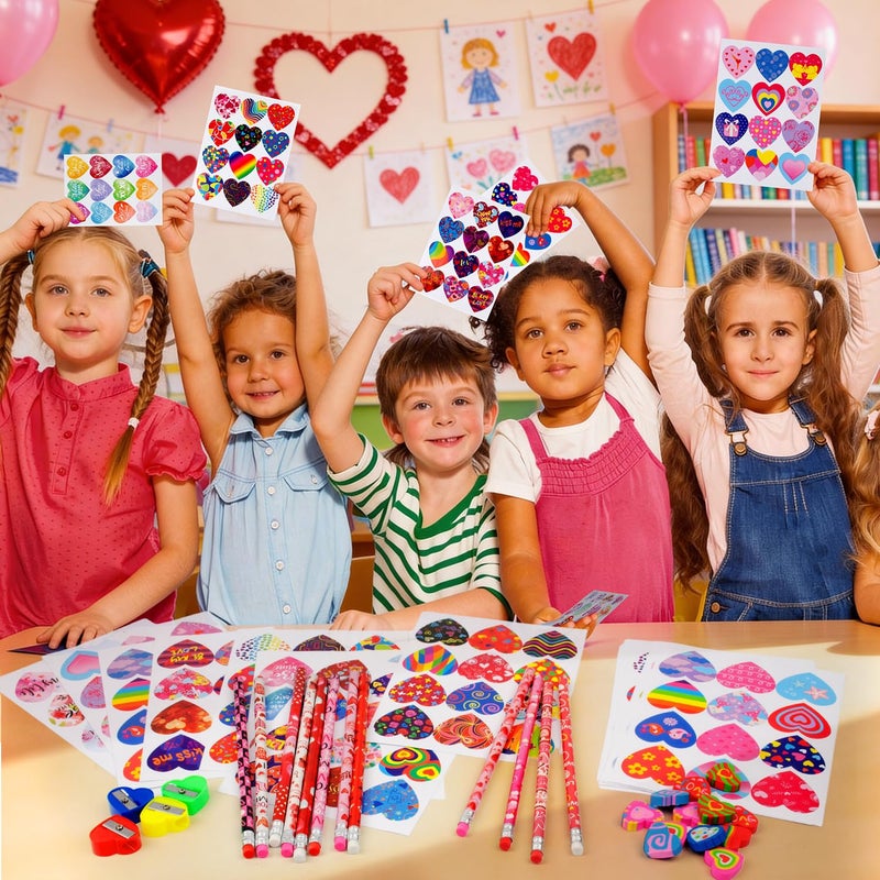 Seqiuay Valentines Pencils Stationery Set for Kids, 12 Pencils, 12 Heart Erasers, 4 Color Pencil Sharpeners, and 192 Valentines Heart Stickers â€“ Valentine's Day Gift Exchange - Image 5