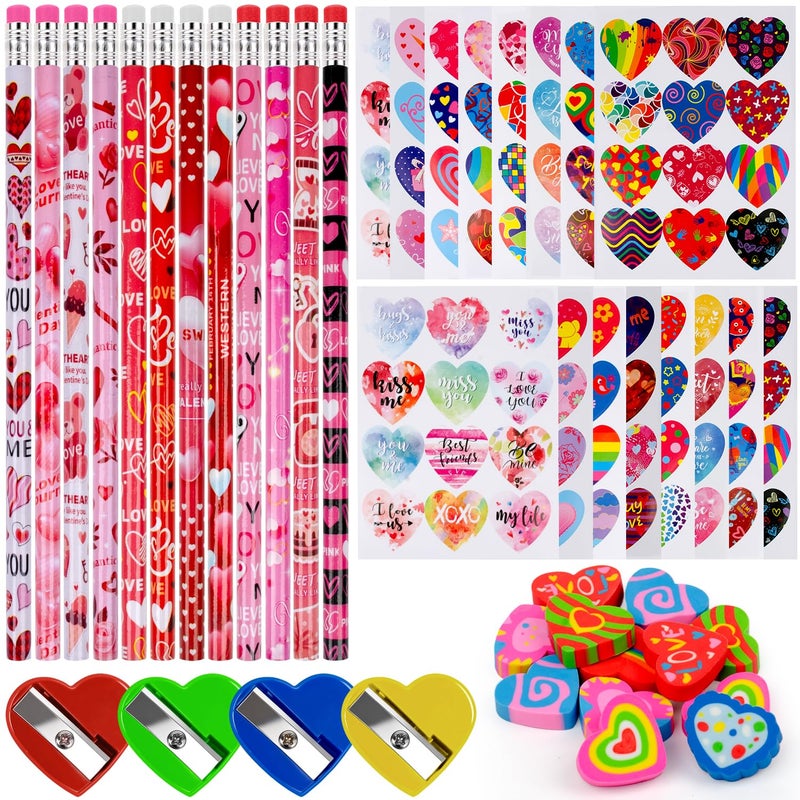 Seqiuay Valentines Pencils Stationery Set for Kids, 12 Pencils, 12 Heart Erasers, 4 Color Pencil Sharpeners, and 192 Valentines Heart Stickers â€“ Valentine's Day Gift Exchange - Image 1