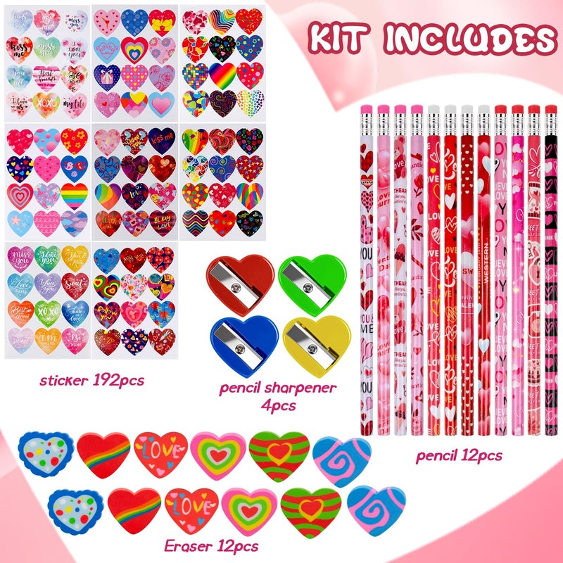 Seqiuay Valentines Pencils Stationery Set for Kids, 12 Pencils, 12 Heart Erasers, 4 Color Pencil Sharpeners, and 192 Valentines Heart Stickers â€“ Valentine's Day Gift Exchange - Image 2