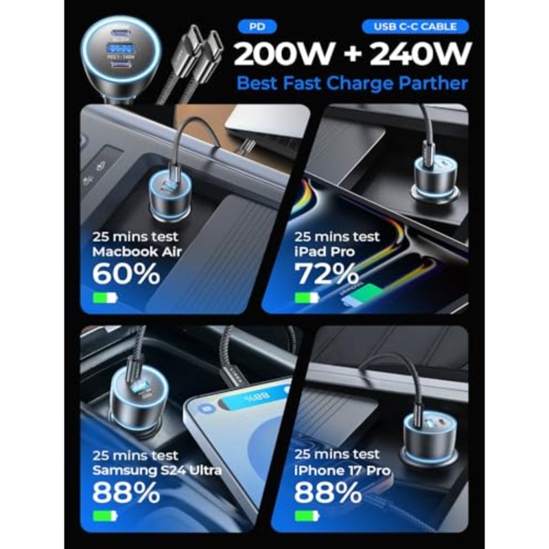 200W Car Charger USB C Fast Charge [GaN] PD 140W Fast Car Charger USB C, Cigarette Lighter Adapter for Multi Device, for iPhone 17 16 15 14 13 12, MacBook Pro, Laptop, iPad, Samsung S26 S25 - Image 2