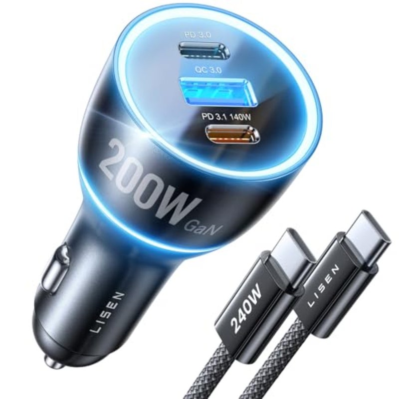 200W Car Charger USB C Fast Charge [GaN] PD 140W Fast Car Charger USB C, Cigarette Lighter Adapter for Multi Device, for iPhone 17 16 15 14 13 12, MacBook Pro, Laptop, iPad, Samsung S26 S25 - Image 1