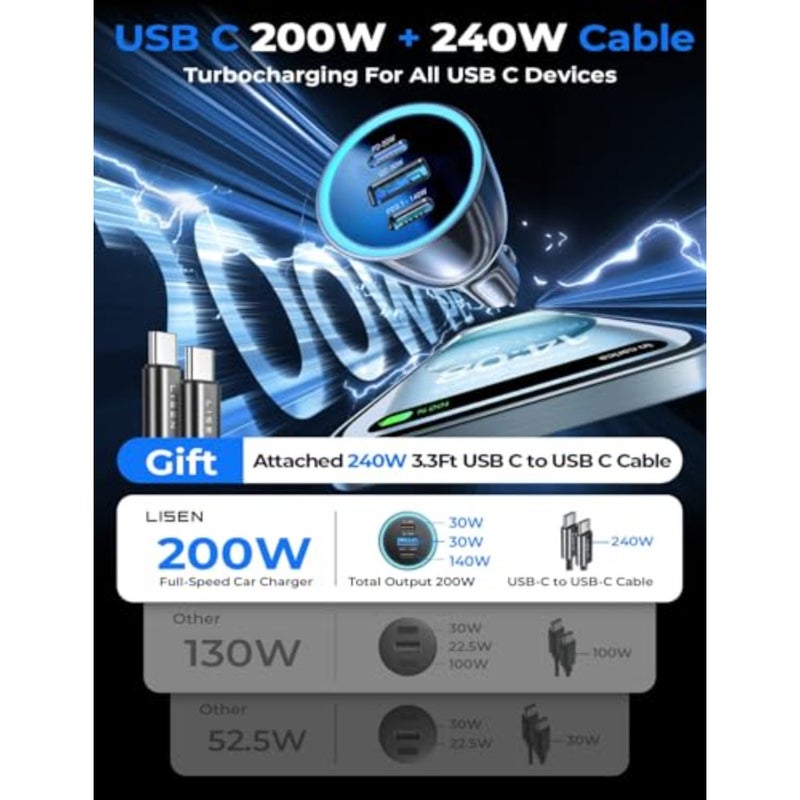200W Car Charger USB C Fast Charge [GaN] PD 140W Fast Car Charger USB C, Cigarette Lighter Adapter for Multi Device, for iPhone 17 16 15 14 13 12, MacBook Pro, Laptop, iPad, Samsung S26 S25 - Image 3