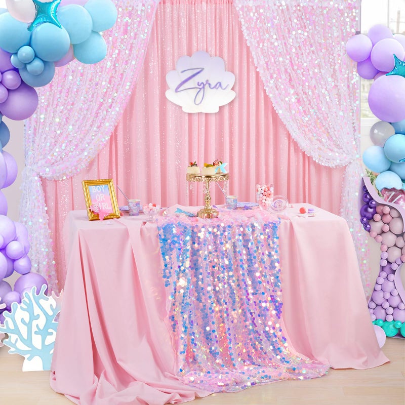 QueenDream Pink Iridescent Tablecloth 51x47 Inch Payette Glitter Rectangle Table Cloth for Parties Little Mermaid Birthday Baby Shower Sweetheart Table Decorations - Image 1