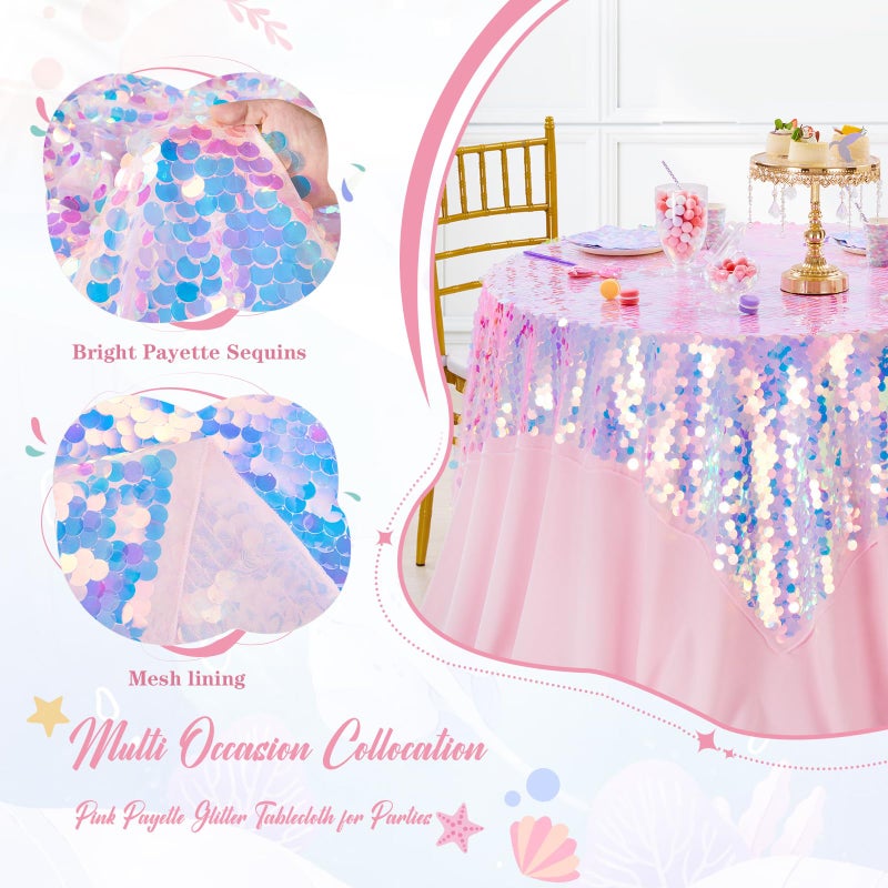 QueenDream Pink Iridescent Tablecloth 51x47 Inch Payette Glitter Rectangle Table Cloth for Parties Little Mermaid Birthday Baby Shower Sweetheart Table Decorations - Image 5