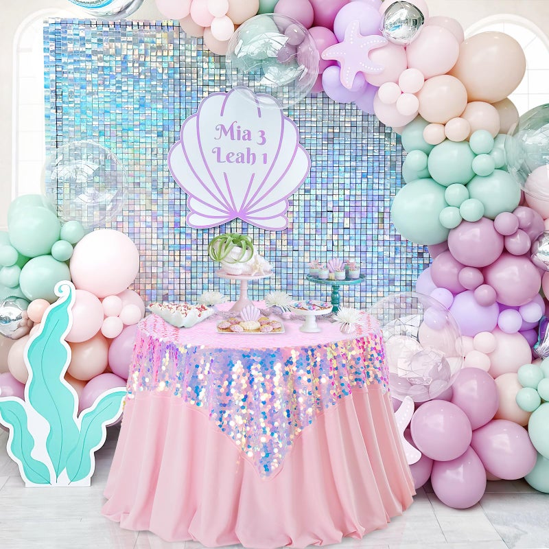 QueenDream Pink Iridescent Tablecloth 51x47 Inch Payette Glitter Rectangle Table Cloth for Parties Little Mermaid Birthday Baby Shower Sweetheart Table Decorations - Image 4