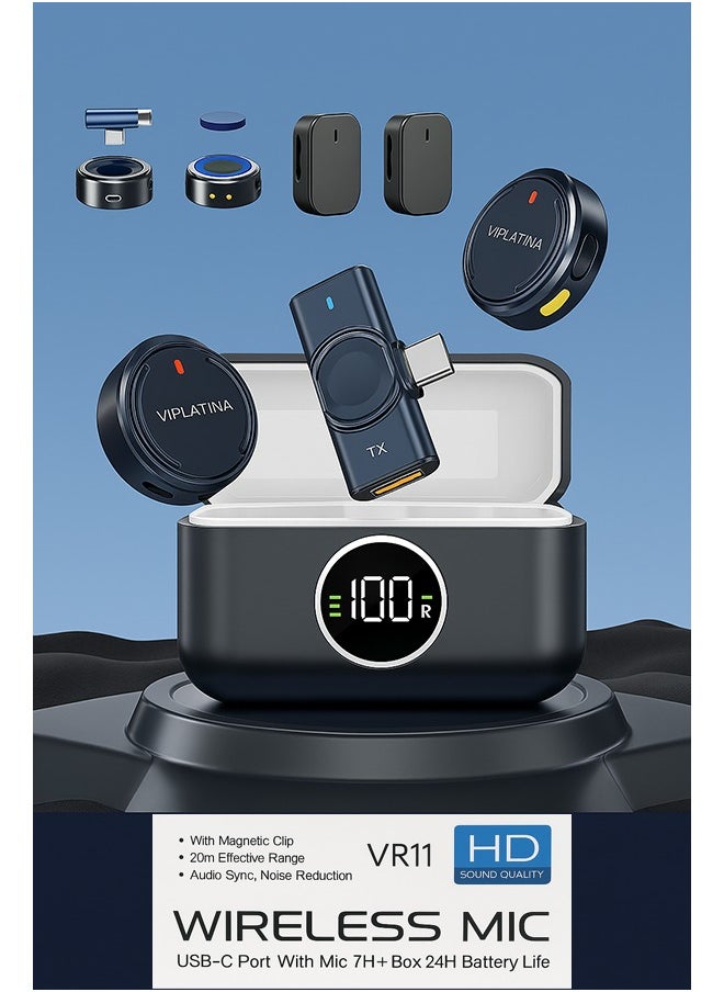 Generic VIPLATINA  VR11 WIRELESS MIC, HD Sound Quality, USB-C Port with Mic 7H+Box 24H Battery Life, Wireless Lavalier Microphone for iPhone/Android, With Lightning/USB-C Plug-Play wireless microphones with Noises Cancellation, Omnidirectional Condenser Mic for Video Recording, Podcast, Vlog  - Image 1