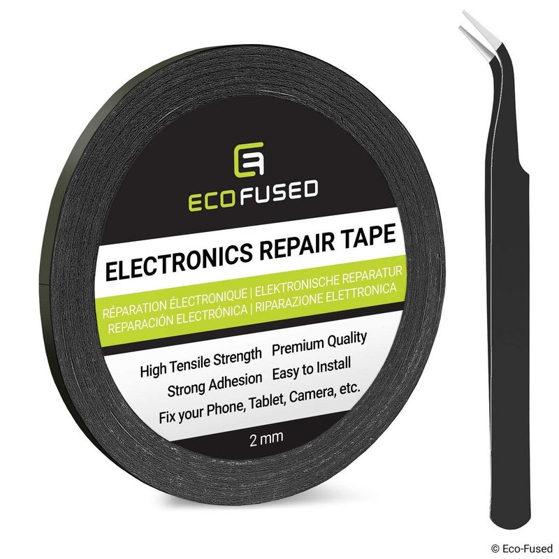 إيكو-فيوسد شريط لاصق من ECO-Fused لاستخدامه في إصلاح الهواتف المحمولة - شريط بعرض 2 مم - يشمل أيضًا زوجًا واحدًا من الملقط / قطعة قماش تنظيف من الألياف الدقيقة من ECO-Fused (أسود) - Image 1
