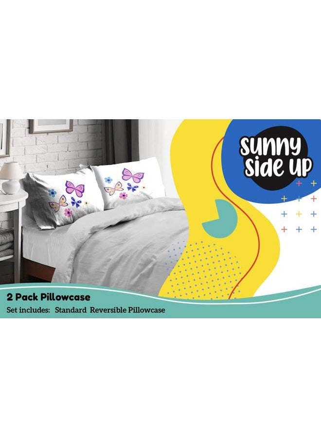 Sunny Side Up Flutter 2 Pack Reversible Pillowcases - Double Sided Pillow Covers, Kids Super Soft Buttergly & Floral Bedding - Image 2