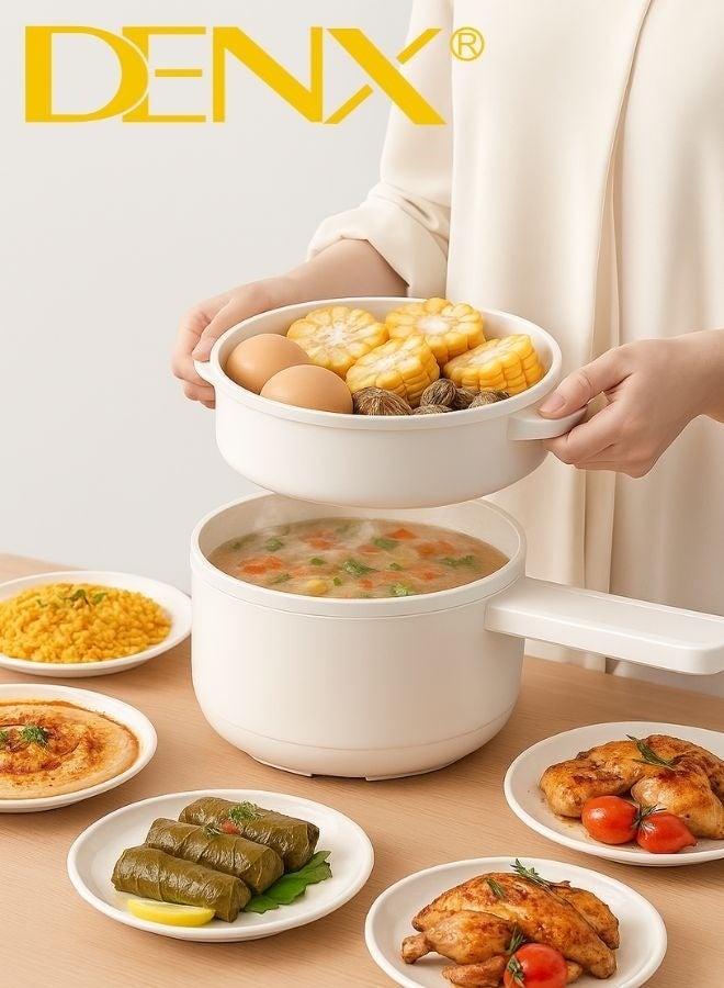 Denx 2L Electric Hot Pot with Steamer and Adjustable Temperature Control Non Stick Multi Function Electric Cooker Skillet Frying Pan Saucepan for Noodles Eggs Steak Soup Oatmeal Compact Kitchen Appliance - Image 1