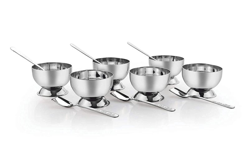 ZAVIAN Stainless Steel Round Dessert Ice Cream Cups with Spoon Set of 6 Silver Serving Bowl for Ice CreamFruitsPudding Gift Article - Image 1