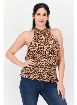 INC Women Mock Neck Sleeveless Animal Print Top, Brown  - Image 1