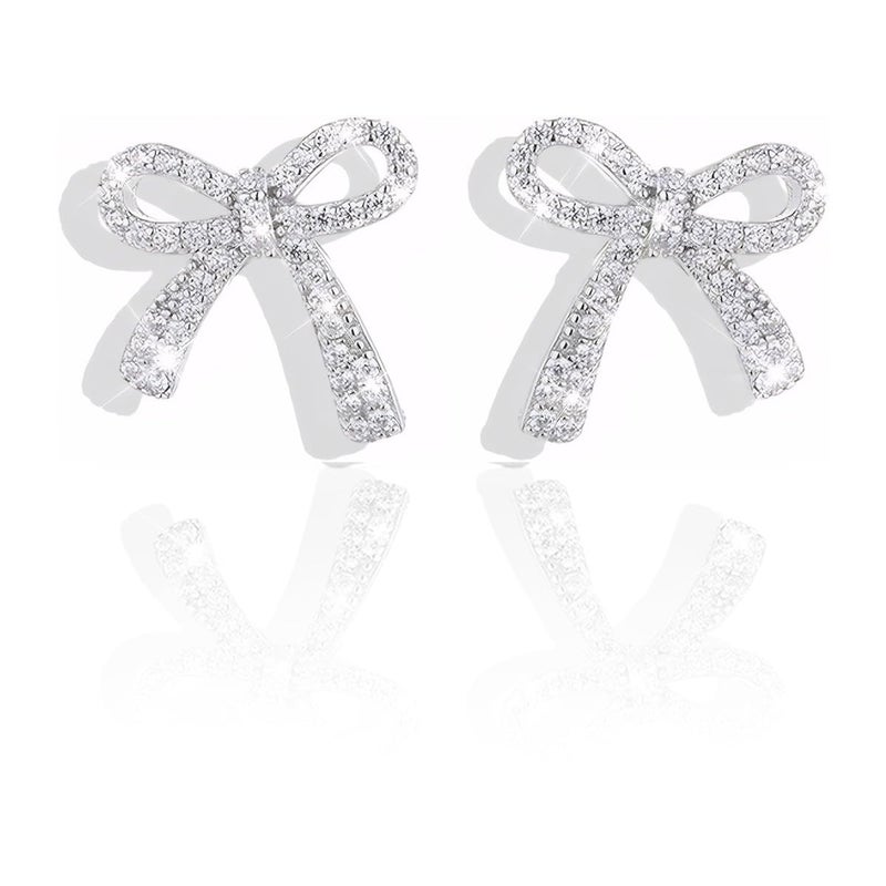 ecozran Silver Bow Earrings for Women Trendy Sparkly Rhinestone Dangle Drop Earrings Lightweight Hypoallergenic Silver Jewelry Perfect for Prom Wedding Party (Bow -I) - Image 1