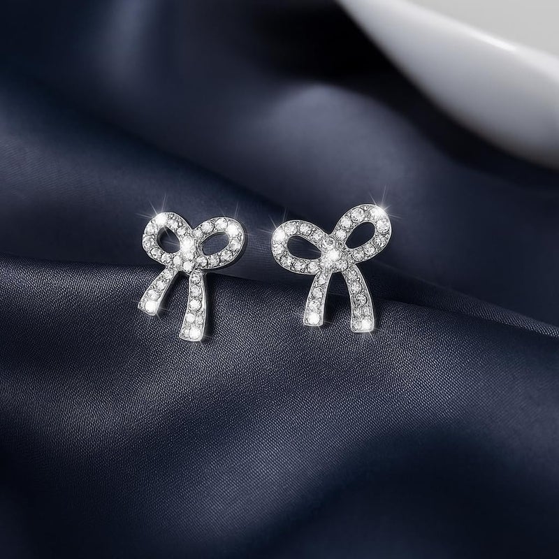 ecozran Silver Bow Earrings for Women Trendy Sparkly Rhinestone Dangle Drop Earrings Lightweight Hypoallergenic Silver Jewelry Perfect for Prom Wedding Party (Bow -I) - Image 3
