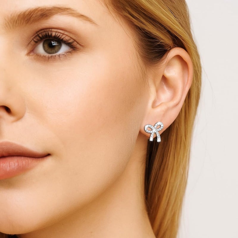 ecozran Silver Bow Earrings for Women Trendy Sparkly Rhinestone Dangle Drop Earrings Lightweight Hypoallergenic Silver Jewelry Perfect for Prom Wedding Party (Bow -I) - Image 5