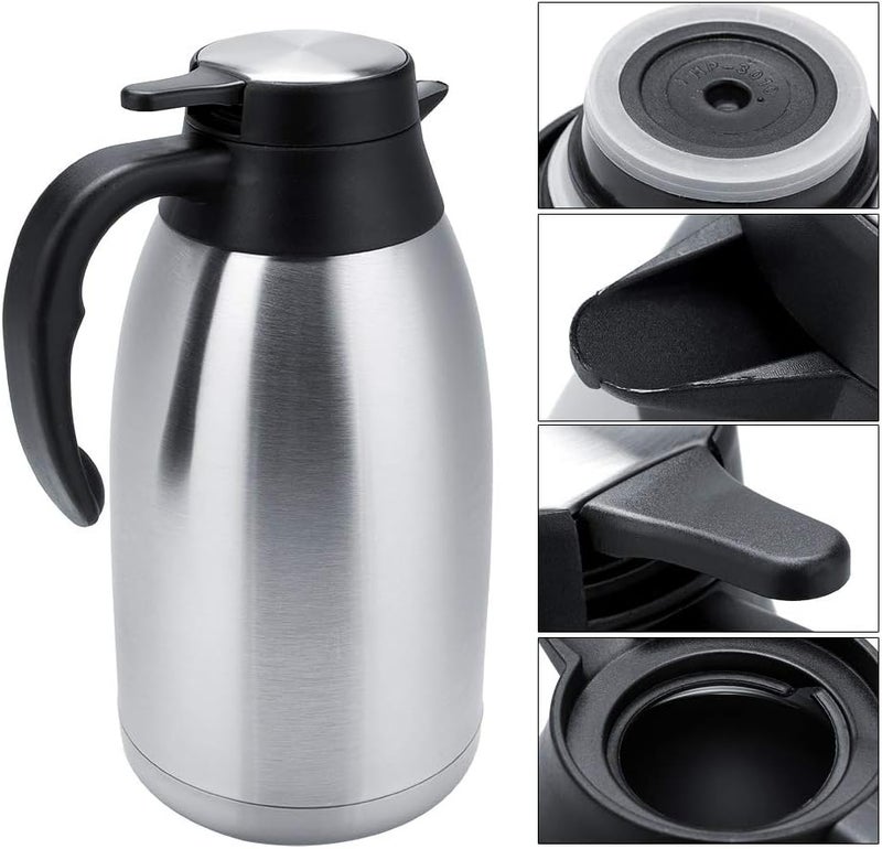 Zerodis Stainless Steel Coffee Carafe Thermal Carafes Airpot Insulated Thermal Pot with Large Mouth Spout Button Pouring Suitable for Home Office Storing Tea Coffee Water Stainless Steel (2L) - Image 1