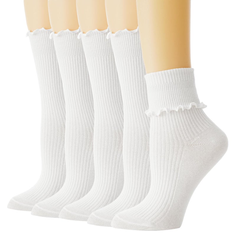 BISOUSOX Ruffle Socks Woman, White Boot Cozy Crew Cute Frilly Ankle Dress Socks for Women Girls Turn-Cuff Size 5 7-9 - Image 1